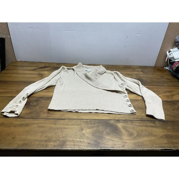 St John Sport Knit Sweater Womens Large V-Neck Beige Wool Blend Shawl Collar - Picture 2 of 11